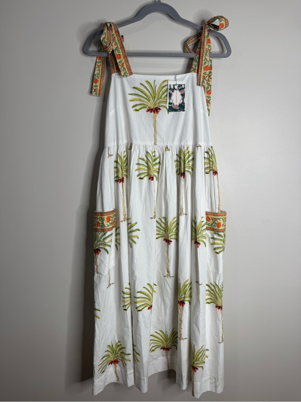 NWT Oliphant Palm Tree Tie Strap Pocket Midi Dress 100% Cotton Size XS Resort